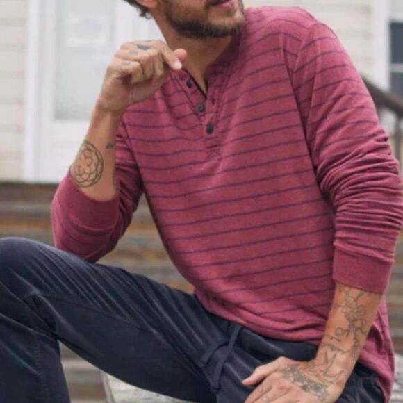 Marine Layer Red Wine Striped Double Knit Long Sleeve Striped Henley Size XXL - Picture 4 of 11